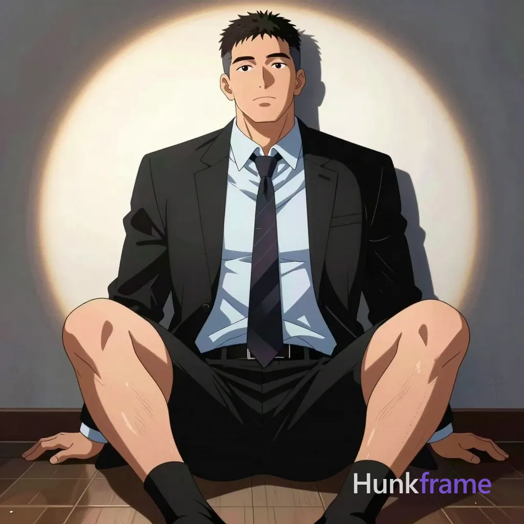 Adult masculine man with short dark hair and clean-shaven face, neutral direct gaze. Seated pose with knees drawn up and legs bent inward toward torso, hands resting on inner thighs/knees. Wearing black suit jacket worn open over light blue collared dress shirt buttoned to neck, dark patterned tie loosely knotted hanging straight down chest, black trousers, black socks. Thick thighs and defined calves prominent in lower half of frame. Indoor studio setting with textured metallic backdrop featuring bright circular spotlight behind subject creating backlit halo effect. Dramatic key light from front-left casting strong shadows on right side against dark environment. Polished anime 2.5D next-gen game art style, expressive face, athletic anatomy, high-quality character rendering. Grainy film texture aesthetic, sharp focus on face and upper body. Square composition 1:1 aspect ratio., a single uninterrupted photograph only, no written words or typography anywhere in frame, no captions, no app UI, no social-media post layout, no screenshot borders