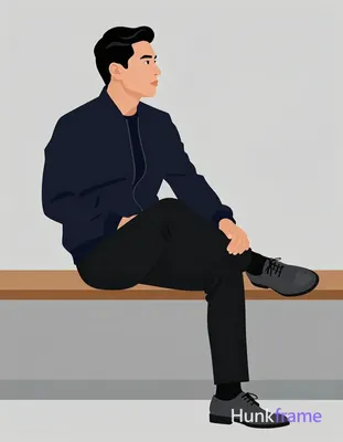 Bold flat-color wall art graphic of an Asian man with fair skin and black short hair styled back sit