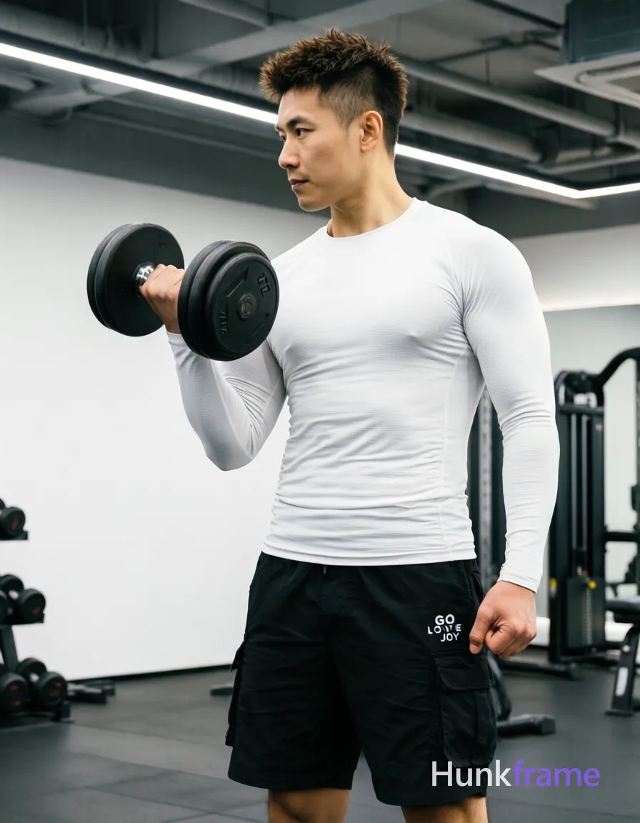 Asian man with short textured dark brown crop hair, clean-shaven face, focused neutral expression standing in profile facing left holding black an anonymous figure 7.5kg dumbbell at shoulder height during bicep curl motion wearing white long-sleeve ribbed compression-style athletic top and black cargo shorts mid-thigh length small white logo reading GO LOVE JOY on left leg fully clothed adult lean build waist-up to mid-thigh vertical crop occupies right two-thirds of frame head near upper-right quadrant indoor gym with exposed ceiling ductwork track lighting casting soft shadows even ambient illumination minimalist gym aesthetic modern fitness photography sharp focus; FULL GARMENT TEXT REPLACEMENT: remove every source garment word, sentence, slogan, logo, and partial brand spelling from every existing print area, then replace those source marks with only the wordmark, spelled exactly "HF"; This is replacement, Repeated "HF" marks are allowed only where the source garment already had printed text; preserve appropriate placement, typography, color, and scale; No other visible text, logo, caption, username, hashtag, comment, watermark, or UI; single clean uninterrupted photograph with a cohesive editorial composition and plain continuous surrounding surfaces