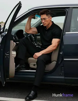 Asian man with short textured dark brown crop hair and side parting, wearing thin metal rimmed glass