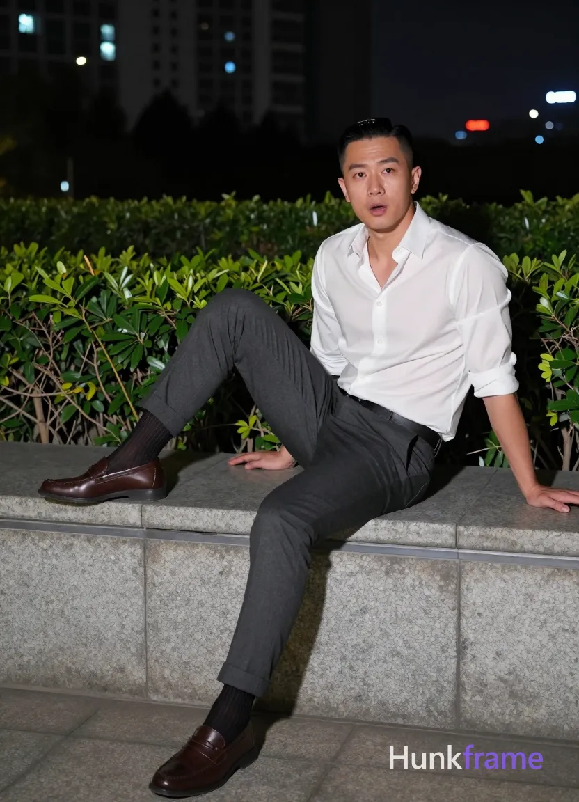 Asian man with short black side-parted slick-back hair and clean-shaven face, neutral slightly surprised expression mouth open; Seated sideways on wide stone ledge outdoors at night left leg extended flat right knee bent resting on surface torso leaning forward hands supporting thighs subtle suggestive framing sculpting light implied exposure teasing pose fully clothed adult confidence masculine build white long-sleeve button-up shirt sleeves rolled to mid-forearm dark grey slim-fit trousers cuffed ankles black striped socks brown leather loafers dramatic nighttime lighting urban high-rise background manicured greenery fine-art photography aesthetic polished confident mood 13:19 aspect ratio; single clean uninterrupted photograph with a cohesive editorial composition and plain continuous surrounding surfaces
