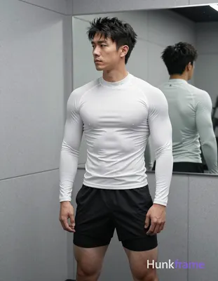 Asian man with short textured black hair styled upward at the crown, slightly messy front bangs fall