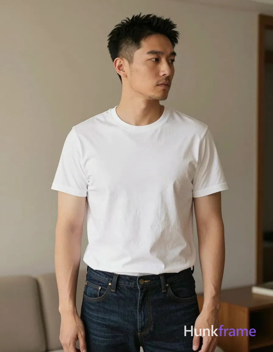 Asian man with light-medium skin and short dark black hair featuring a textured top swept upward, faded undercut sides, clean neckline at nape; Clean-shaven chin and upper lip with light stubble on jawline and neck; neutral contemplative gaze directed off-camera to the right; Standing in three-quarter profile facing slightly right, head turned further right looking away from camera; Left arm relaxed at side, right hand partially obscured near hip or pocket area; Wearing plain white crew-neck t-shirt with short sleeves showing slight wrinkling across chest and abdomen indicating fit; dark indigo denim jeans with visible front fly seam and waistband at natural waistline; Arms exposed from shoulder to wrist; neck and collarbone above neckline fully clothed torso; Waist-up portrait shot centered horizontally, head near upper third line extending down to waistline of jeans against a cozy home interior setting featuring warm ambient lighting instead of neutral wall background; High-resolution lifestyle photography with sharp focus on face and upper body, soft directional key light from front-left creating; single clean uninterrupted photograph with a cohesive editorial composition and plain continuous surrounding surfaces