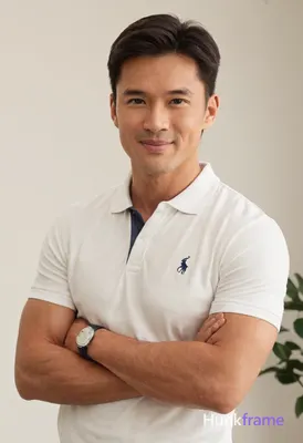 A handsome masculine man standing with arms crossed over his chest, leaning slig