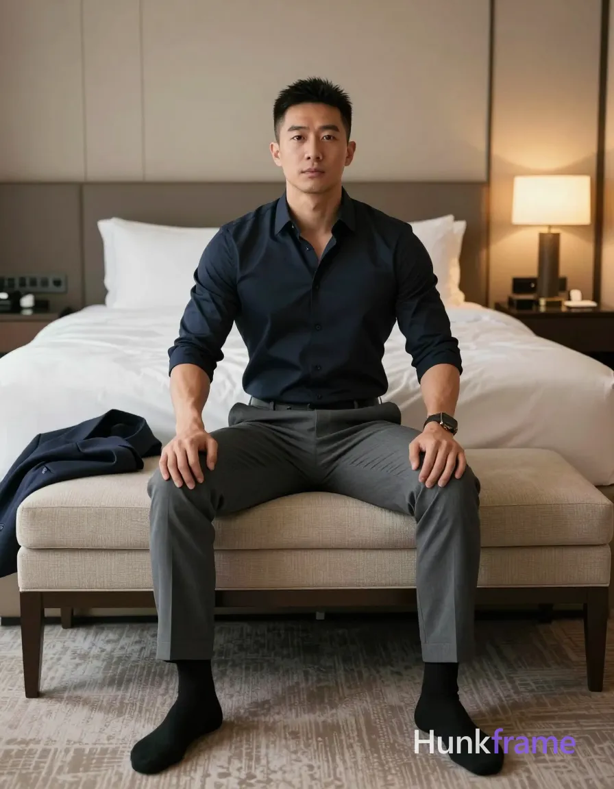 Asian man with medium-dark skin and short black hair seated on a beige upholstered bench. He wears a dark navy button-down shirt fully worn, sleeves rolled to forearms, grey dress trousers, and black socks without shoes. His torso is upright, legs spread apart, hands resting on thighs in a neutral gaze at camera showcasing broad shoulders and defined chest arms. A dark suit jacket drapes over the left armrest beside him. Full-body shot from head to feet centered in frame within a hotel bedroom interior featuring a large bed behind and patterned carpet foreground. Soft ambient indoor lighting with warm lamp glow on right side creates clean composition, balanced framing, and neutral background., a single uninterrupted photograph only, no written words or typography anywhere in frame, no captions, no app UI, no social-media post layout, no screenshot borders