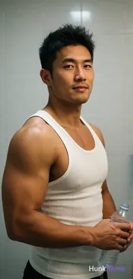 Asian man with short dark textured spiky hair and clean-shaven face stands uprig