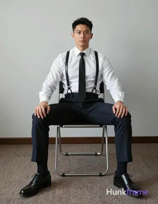 A striking adult man with light-medium skin and short black hair sits on a metal