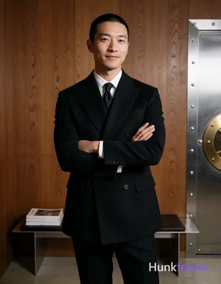 Asian man with buzz cut and light stubble on upper lip, gentle closed-mouth smil