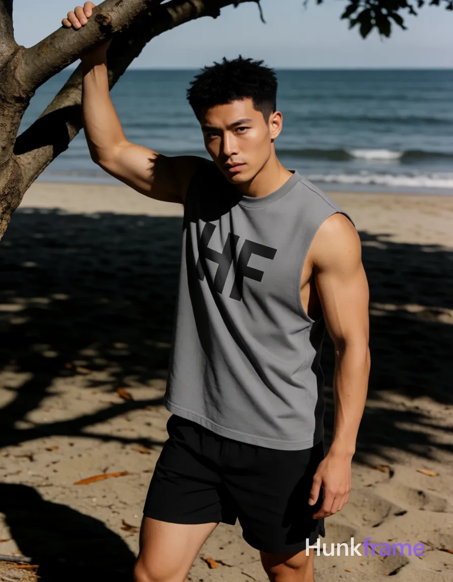 Asian man with tanned skin and short black textured crop top hair, clean-shaven head, hanging from a tree branch on the left side of frame; He pulls up on the branch with his right hand while lifting his left leg bent at knee, torso leaning back slightly to maintain balance; Wearing gray sleeveless tank top with 'HF' text printed across chest and black athletic shorts exposing arms and legs; Highly muscular build with defined abs and thick thighs sculpted by natural sunlight against a beach setting with ocean background and sandy ground beneath subject; High contrast lighting creates dramatic shadows cast by tree, focused intense gaze directed toward camera in vertical portrait orientation 13:19 aspect ratio; FULL GARMENT TEXT REPLACEMENT: remove every source garment word, sentence, slogan, logo, and partial brand spelling from every existing print area, then replace those source marks with only the wordmark, spelled exactly "HF"; This is replacement, Repeated "HF" marks are allowed only where the source garment already had printed text; single clean uninterrupted photograph with a cohesive editorial composition and plain continuous surrounding surfaces