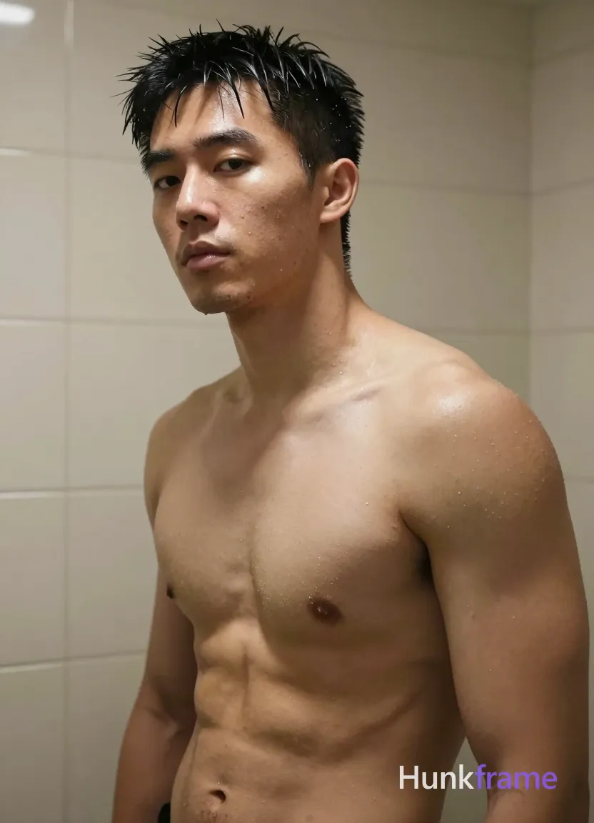 Asian man with tanned skin stands shirtless in an indoor bathroom, torso angled right and head turned left; Short black hair is slightly wet or glistening with textured definition; face is clean-shaven with a neutral to pensive gaze directed at the camera; Broad shoulders frame defined pectorals, visible abs, and sculpted obliques under high contrast overhead artificial light creating specular highlights on wet skin; Close-up torso shot fills most of the vertical 13:19 portrait frame from chest up against beige tiled walls; single clean uninterrupted photograph with a cohesive editorial composition and plain continuous surrounding surfaces