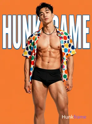 A photorealistic portrait of a handsome, muscular male standing with his head slightly tilted to one