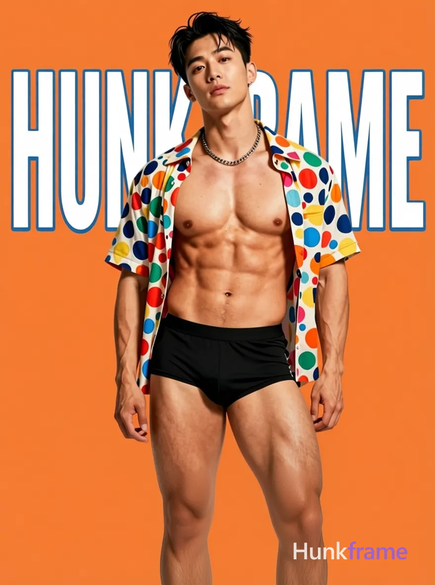 A photorealistic portrait of a handsome, muscular male standing with his head slightly tilted to one side. The subject is shirtless, wearing a colorful polka dot patterned shirt and a silver chain necklace. His thick muscular thighs are prominently featured in a torso-only crop. The background is bright orange with bold white and blue typography reading 'TREASURE'. Even lighting focused on the subject’s torso creates vibrant and energetic mood