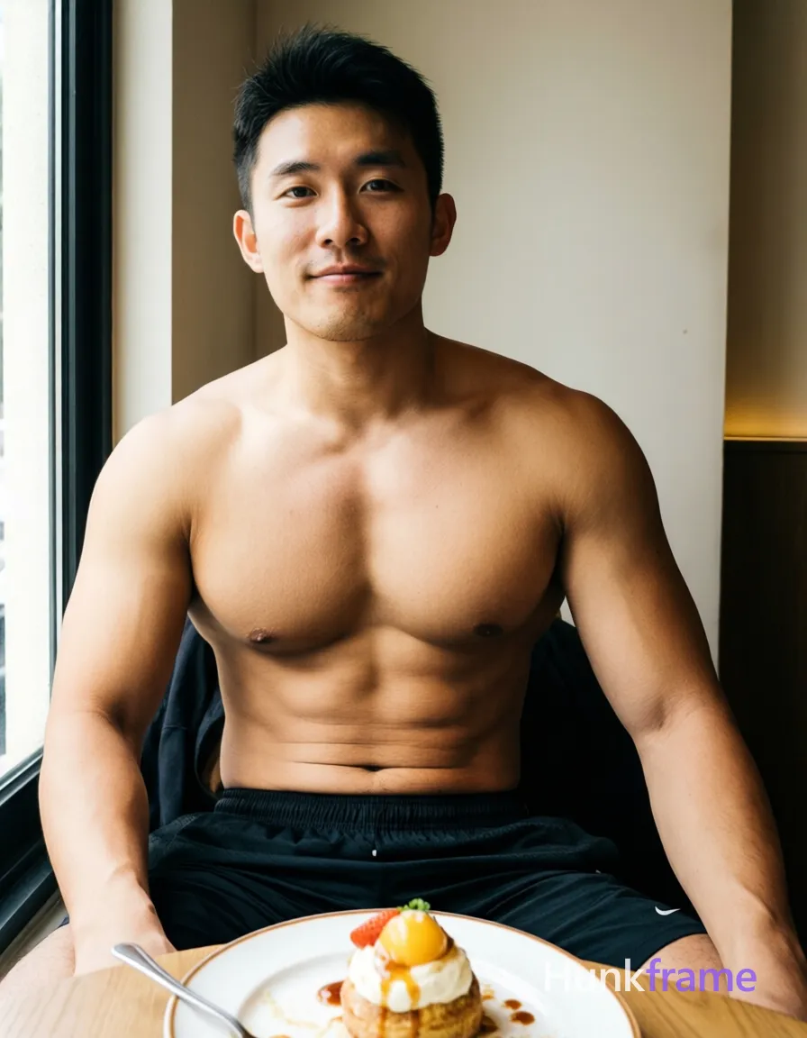 A handsome Asian man seated at a table with a plate of dessert in front of him, showing his shirtless upper body and defined abs. He is wearing black athletic shorts. The image captures a casual dining atmosphere lit by natural daylight from a window, creating soft shadows on the neutral-toned background. The composition is a torso-only crop with an 896x1152 vertical portrait orientation., shot on iPhone 15 Pro main camera, authentic smartphone computational photography, natural Smart HDR and true-to-life skin texture, vertical 9:16 Xiaohongshu lifestyle feed, bright clean everyday scene, unretouched phone photo with subtle sensor grain, trendy Chinese internet 网红 aesthetic, candid influencer energy