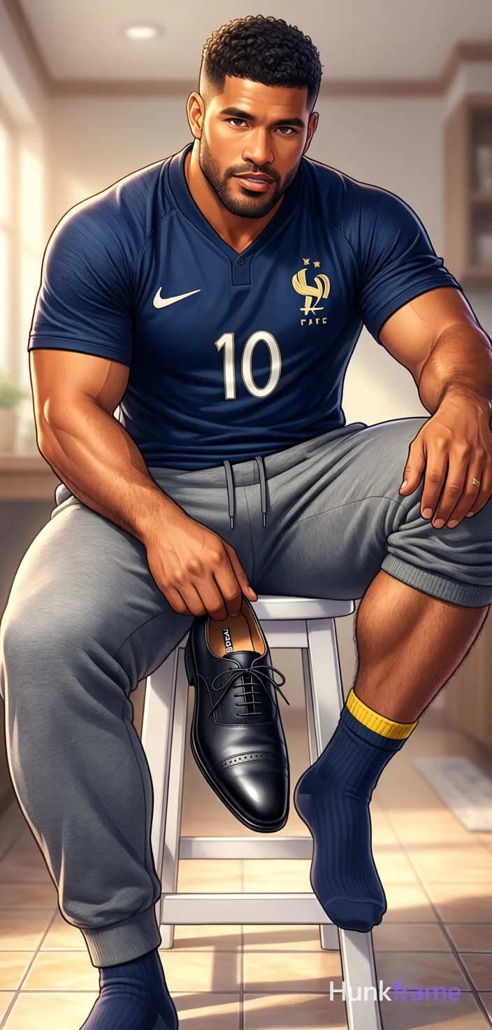 Adult man with short dark hair and beard stubble seated on a white stool, torso cropped above mouth. He wears a dark blue France number 10 jersey and grey sweatpants pulled up to mid-thigh on the right leg revealing thick thighs. His left hand holds a black 'REGAL' dress shoe while his right foot rests on the seat in navy socks with yellow cuffs. Soft indoor ambient light illuminates the casual preparation mood against a tiled floor background, rendered as polished anime 2.5D next-gen game art., same aesthetic theme and photo feel as the reference but a different man in a different pose with distinct body proportions, Pacific Islander man, sun-kissed skin, stocky powerful legs, short curly hair, a single uninterrupted photograph only, no written words or typography anywhere in frame, no captions, no app UI, no social-media post layout, no screenshot borders