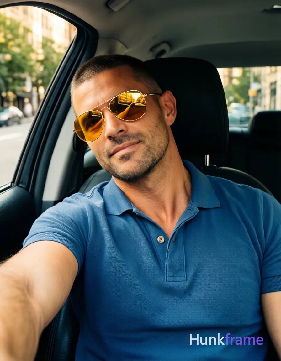 an anonymous figure man with light-medium skin and short buzz cut black hair, wearing gold-rimmed aviator sunglasses with reflective amber lenses resting on the nose bridge; He is seated in a car driver's seat leaning back against headrest left arm extended outward holding device for selfie angle; Wearing blue short-sleeved polo shirt with buttoned placket single visible button fully clothed adult torso broad shoulders defined collarbones; Car interior background center-left occupying majority of frame from chest up to forehead head slightly tilted toward camera natural sunlight streaming from left side creating soft shadows on right cheek and neck shallow depth of field blurring background street scene city trees buildings warm white balance confident casual luxury mood high-resolution smartphone photography style bold flat-color poster wall-art graphic design clean vector line no text; The adult man visibly wears gold-rimmed aviator sunglasses with reflective amber lenses; frames are thin and metallic, resting on the nose bridge and ears on his face; preserve the exact frame shape, rim style, color; single clean uninterrupted photograph with a cohesive editorial composition and plain continuous surrounding surfaces