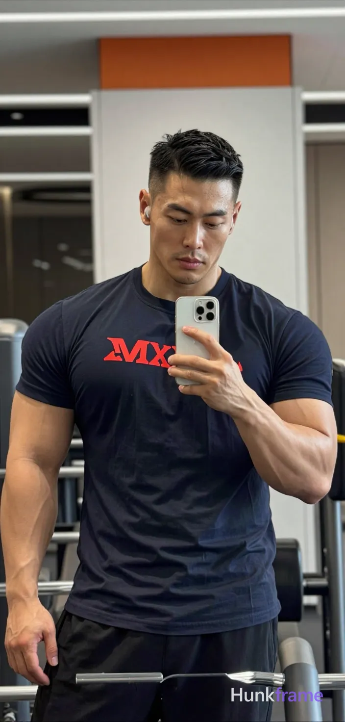 Asian man with medium-tan skin and short buzz cut, textured fade on sides and back, slightly longer top combed forward; Light stubble along jawline and upper lip; clean-shaven chin and neck; Neutral expression focused gaze directed at phone screen in mirror reflection; Standing upright facing slightly right of camera (mirror angle), left arm raised holding white smartphone to capture selfie against chest level, thumb resting on side edge; Wearing dark navy blue an anonymous figure t-shirt with large red logo across chest; fully clothed adult torsoState; Broad shoulders and defined pectorals visible under fabric; Portrait vertical crop from chest to mid-thighs centered in frame; Indoor commercial gym setting with white structural elements and orange accent lighting background, blurred weight machines behind him via shallow depth of field; Even studio-like lighting captures naturalistic skin texture without distortion; FULL GARMENT TEXT REPLACEMENT: remove every source garment word, sentence, slogan, logo, and partial brand spelling from every existing print area, then replace those source marks with only the; single clean uninterrupted photograph with a cohesive editorial composition and plain continuous surrounding surfaces