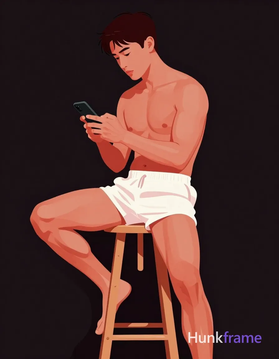Bold flat-color wall art graphic design of shirtless Asian man with tanned skin seated sideways on wooden stool; Short dark tousled hair, clean-shaven chin holding black smartphone at chest level; White loose-fitting athletic shorts reaching mid-thigh exposing entire upper torso including pectorals and abdomen; Right leg extended forward displaying thick thighs with prominent quadriceps; left arm bent near lap thumbs over screen; High-contrast color blocking with deep blacks in shadows punctuated by warm pink-red highlights from phone glow on skin, same aesthetic theme and photo feel as the reference but a different man in a different pose with distinct body proportions, German man, fair skin, strong brow ridge, lean cyclist legs; single clean uninterrupted photograph with a cohesive editorial composition and plain continuous surrounding surfaces