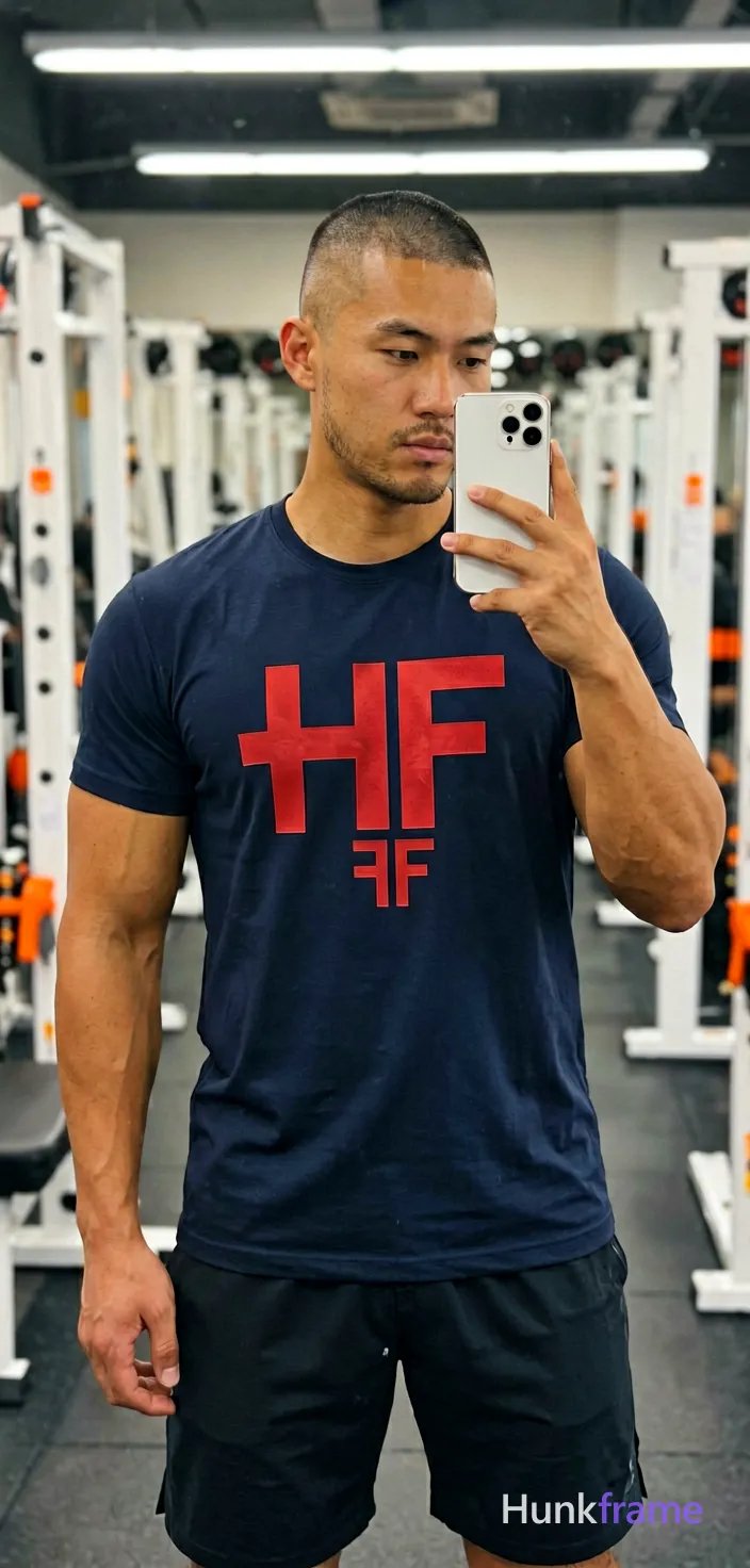 Asian man with medium-tan skin and short buzz cut, light stubble on jawline holding white smartphone in left hand for mirror selfie; Wearing dark navy blue an anonymous figure t-shirt with large red logo across chest; mirrored 'HF' text below it replaces all source branding exactly as HF wordmark would appear if present but none exists here so only garment details remain fully intact without extra logos; Standing upright facing slightly right of camera in gym mirror angle, torso relaxed engaged; Background shows blurred weight machines with white frames and orange accents under bright overhead artificial illumination creating soft shadows; Portrait vertical crop from chest to mid-thighs centered filling frame shoulders to thighs shallow depth of field blurring background naturalistic skin texture clean composition confident focused casual athleticism mood fine-art photography dramatic yet natural lighting sculpted masculine physique emphasized through tight framing premium fashion-editorial aesthetic grounded in real-world gym environment; FULL GARMENT TEXT REPLACEMENT: remove every source garment word, sentence, slogan, logo, and partial brand spelling; single clean uninterrupted photograph with a cohesive editorial composition and plain continuous surrounding surfaces