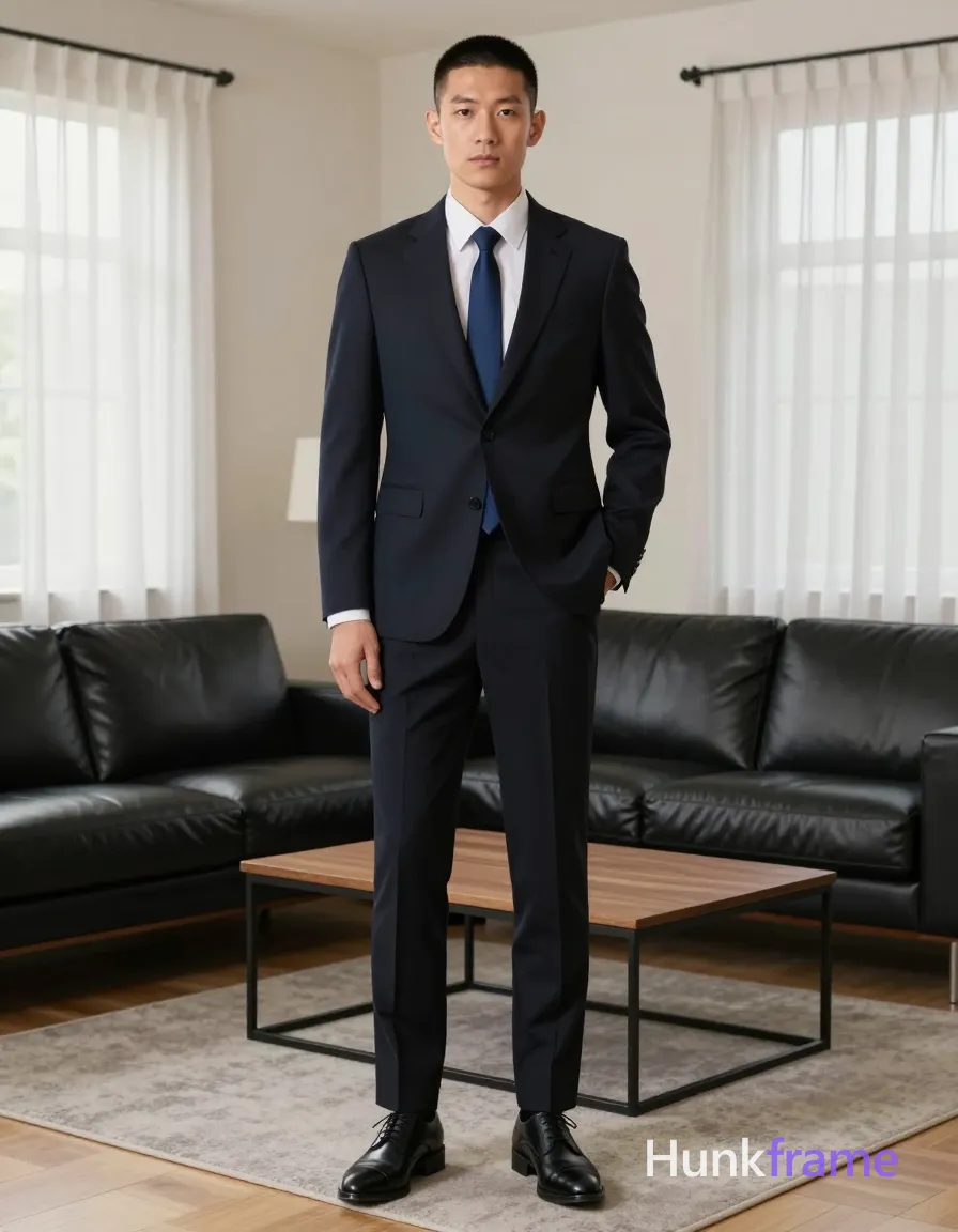 an anonymous figure man with short black buzz cut and clean-shaven face, neutral gaze directed forward at camera; Standing upright facing the camera directly, left hand in pants pocket, right arm relaxed by side; Wearing dark navy tailored suit jacket with notched lapels worn open over a white dress shirt, matching dark navy slim-fit trousers tucked into black leather-soled oxford shoes, solid navy blue necktie knotted neatly at collar; Fully clothed adult with slim build and defined shoulders and waistline; Modern living room interior featuring a black leather sofa, wooden coffee table with metal frame, sheer white curtains covering large windows, beige walls, light wood flooring, gray rug underfoot; Soft natural daylight from left-side window creating gentle shadows across face and suit fabric; High contrast between dark suit and bright window light; Clean composition with centered subject against neutral background; Full body vertical shot from head to toe with slight low-angle perspective, same aesthetic theme and photo feel as the reference but a different man in; single clean uninterrupted photograph with a cohesive editorial composition and plain continuous surrounding surfaces