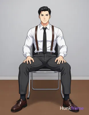 An adult man with light-medium skin and short black hair sits on a metal-framed 