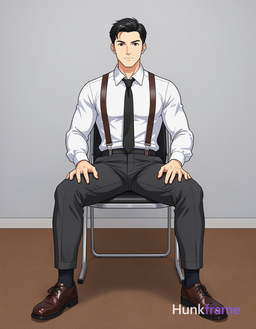 An adult man with light-medium skin and short black hair sits on a metal-framed 