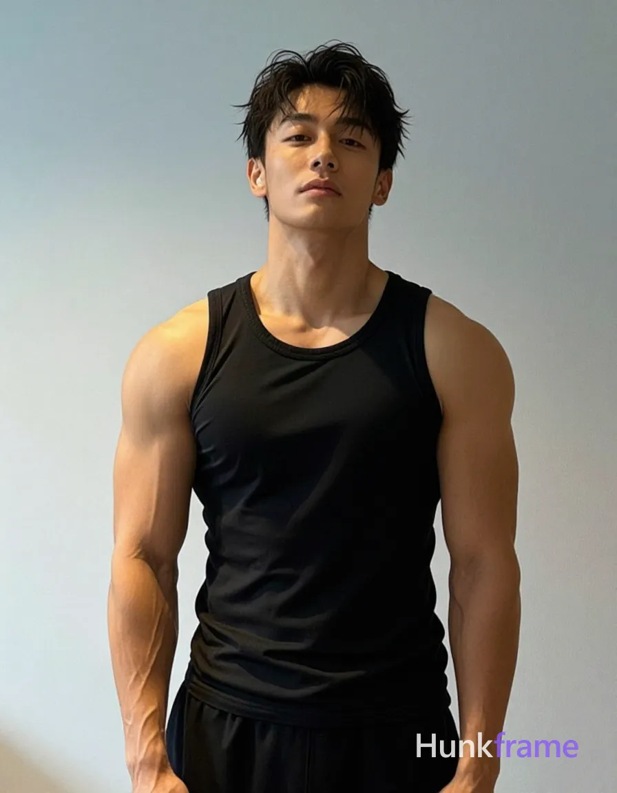 an anonymous figure adult man with light to medium tan skin and short dark black hair slightly tousled on top, wearing a smooth form-fitting black sleeveless tank top revealing broad shoulders, defined pectorals, and visible abdominal definition; He stands upright facing forward in high-contrast studio lighting against a plain light blue-gray gradient wall; The composition is a vertical chest-up portrait with headroom above and shoulder-width below, centered framing from mid-thigh up where legs are not visible, shot on iPhone 15 Pro main camera, authentic smartphone computational photography, natural Smart HDR and true-to-life skin texture, vertical 9:16 Xiaohongshu lifestyle feed, bright clean everyday scene, unretouched phone photo with subtle sensor grain, trendy Chinese internet 网红 aesthetic, candid influencer energy; single clean uninterrupted photograph with a cohesive editorial composition and plain continuous surrounding surfaces
