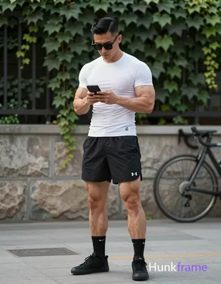 Asian man with short black side-parted slick-back hair and dark-tinted rectangular sunglasses stands