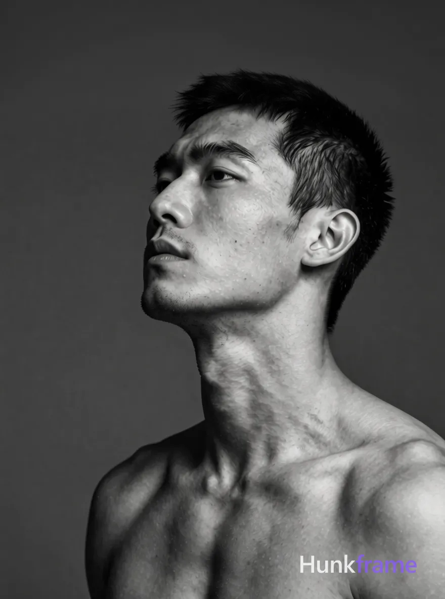 A handsome Asian man with a short black buzz cut and light stubble gazes upward in contemplation, head turned slightly left against a dark neutral studio background. He is shirtless, revealing a lean build with defined neck muscles and bare chest under dramatic chiaroscuro lighting from the right side. The composition captures an intimate close-up portrait of his upper torso to top of head in high-contrast black and white fine-art editorial style