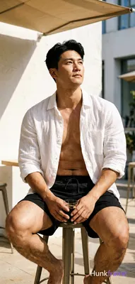 Asian man with light-medium skin and black short hair styled with volume, clean-shaven face looking 