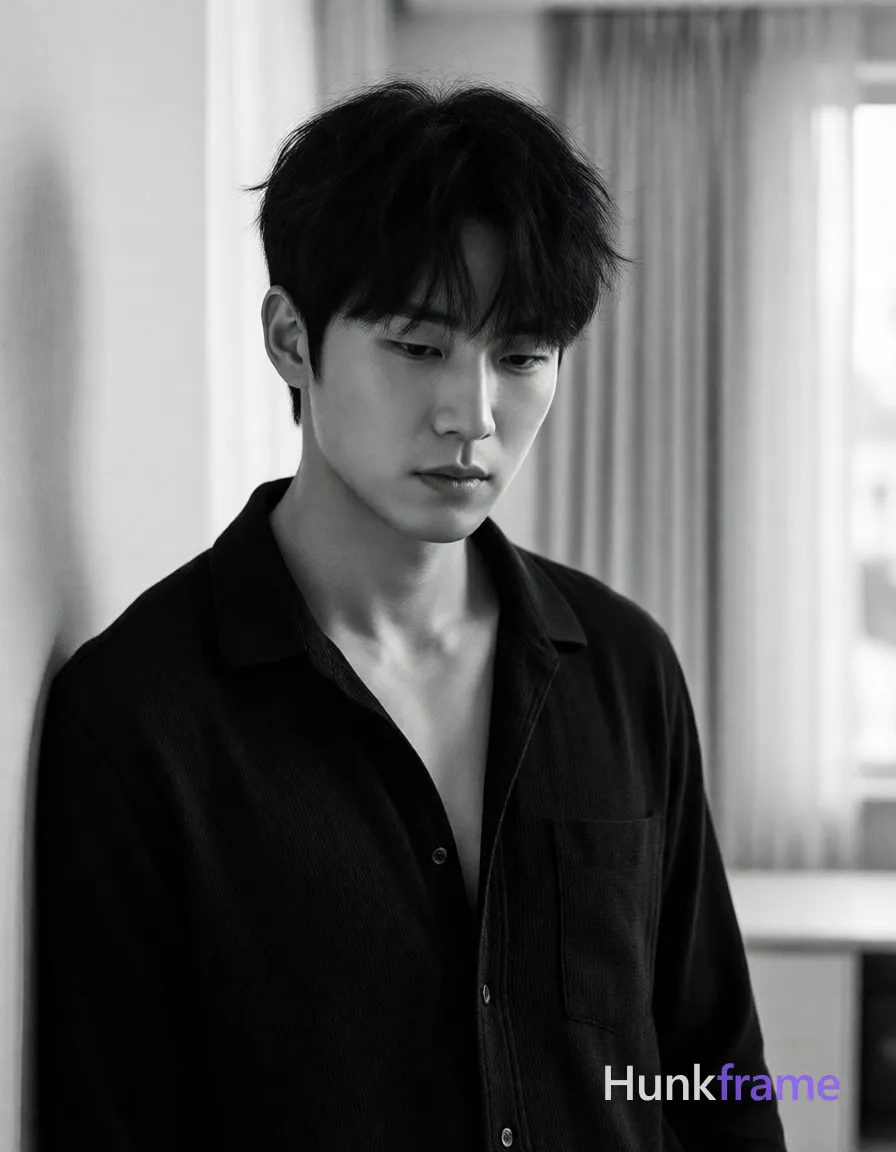 Korean man with dark tousled fringe and clean-shaven face, neutral melancholic gaze directed downward; Standing in a modern minimalist room with soft natural light filtering through sheer curtains instead of studio backdrop; Wearing a textured dark collared shirt unbuttoned at the top half to reveal upper chest, clavicles, and neck fully visible; Lean build with defined collarbones, minimal muscle mass indicated in frame; Casual relaxed pose leaning slightly against a white wall or furniture edge; Soft directional key light from front-left creating gentle shadows on right side of face, subtle rim lighting along hairline; Monochrome black-and-white palette with high contrast between skin tones and dark fabric; Fine-art lifestyle aesthetic, candid composition focusing on facial expression and texture; Vertical portrait orientation 13:19 aspect ratio; single clean uninterrupted photograph with a cohesive editorial composition and plain continuous surrounding surfaces