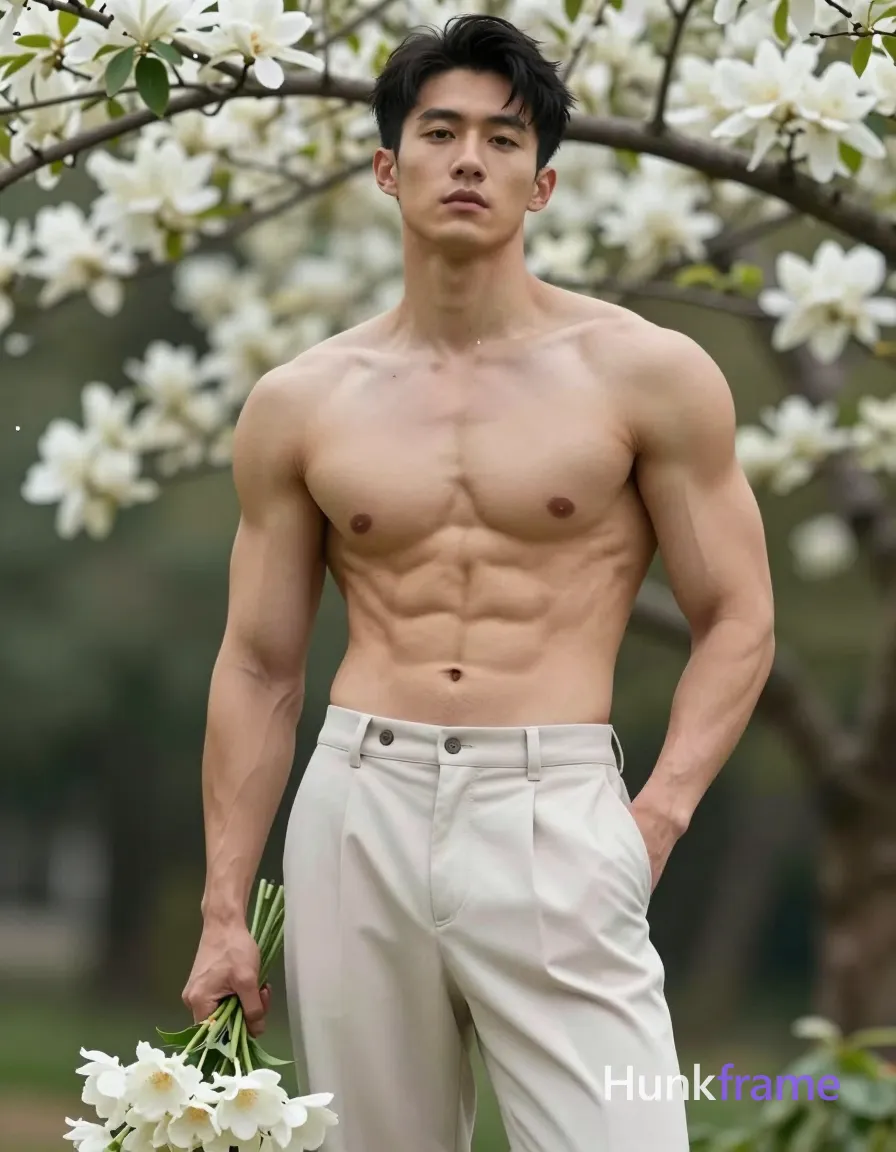 Striking full-bleed vertical phone wallpaper composition of an Asian man with light-medium skin standing upright. He is shirtless revealing broad shoulders and defined pectorals, wearing light beige or off-white pleated trousers. His left hand rests in his pocket while the right hand holds a bouquet of white flowers against his lower abdomen. The scene captures natural daylight filtering through flowering trees overhead creating soft highlights on highly detailed skin texture., a single uninterrupted photograph only, no written words or typography anywhere in frame, no captions, no app UI, no social-media post layout, no screenshot borders