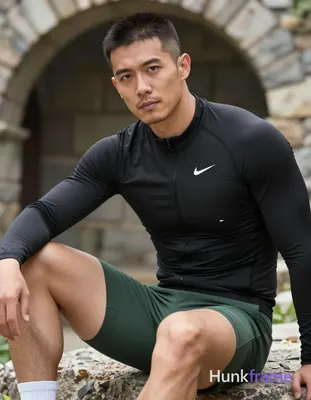Polished anime style rendering of Asian man with medium-tan skin and short dark buzz cut, light stub