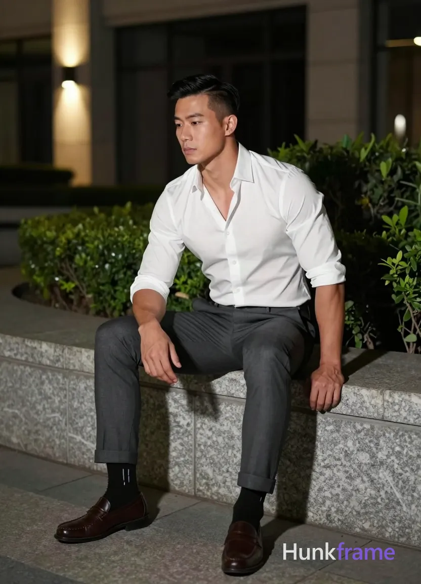 Asian man with short black straight side-parted hair and clean-shaven face, neutral pensive gaze looking downward left; Seated on wide stone ledge right leg crossed over left knee torso angled forward slightly head turned toward camera eyes away wearing white long-sleeve button-up shirt unbuttoned top two buttons dark grey slim-fit trousers cuffed hems black socks with white stripe detail brown leather loafers fully clothed adult broad shoulders defined biceps thick thighs; Outdoor urban night scene modern building facade background manicured greenery shrubs surrounding subject artificial ambient lighting at night soft directional light illuminating front from left side warm accent lights visible on building wall behind fine-art photography fashion editorial aesthetic dramatic nighttime lighting sculpted pose composition full-body shot head to feet center-right composition seated stone bench structure tasteful suggestive framing implied exposure teasing pose, same aesthetic theme and photo feel as the reference but a different man in a different pose with distinct body proportions, German man, fair skin, strong brow ridge, lean cyclist legs; single clean uninterrupted photograph with a cohesive editorial composition and plain continuous surrounding surfaces