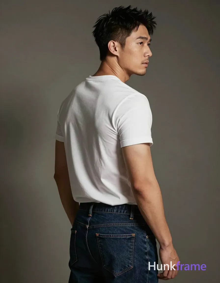 Asian man with short dark black hair featuring a textured top swept upward and faded undercut, clean-shaven chin with light stubble on jawline; He stands in three-quarter profile facing right, head turned away looking off-camera, left arm relaxed at side while subtly adjusting the waistband of his jeans near hip pocket area to imply exposure; Wearing plain white crew-neck t-shirt with slight wrinkling across chest indicating fit, dark indigo denim jeans with visible front fly seam and waistband sitting low on hips; Waist-up portrait shot showing full head through upper thighs against a dimly lit moody room corner instead of neutral wall; Soft directional key light from side creates dramatic shadows sculpting athletic shoulders and defined arms; High-resolution fashion editorial photography with sharp focus, natural skin tones rendered without heavy retouching to preserve texture details like pores; single clean uninterrupted photograph with a cohesive editorial composition and plain continuous surrounding surfaces