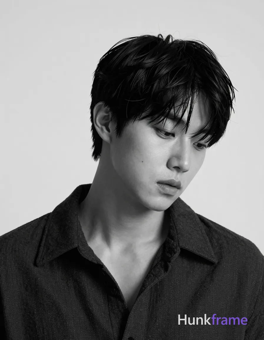 Korean man with dark tousled fringe and clean-shaven face, neutral melancholic gaze directed downward; Static pose, head tilted slightly down, shoulders relaxed angled toward camera; Wearing a textured dark collared shirt unbuttoned at the top half to reveal upper chest, clavicles, and neck fully visible; Lean build with defined collarbones, minimal muscle mass indicated in frame; Studio setting with seamless white/light gray gradient background; Soft directional key light from front-left creating gentle shadows on right side of face, subtle rim lighting along hairline; Monochrome black-and-white palette with high contrast between skin tones and dark fabric; Fine-art editorial aesthetic, minimalist composition focusing on facial expression and texture; Vertical portrait orientation 13:19 aspect ratio; single clean uninterrupted photograph with a cohesive editorial composition and plain continuous surrounding surfaces