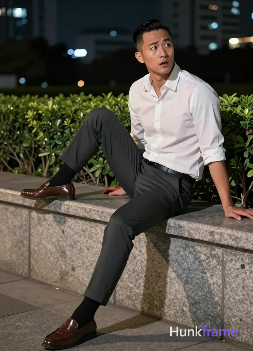 Asian man with short black side-parted slick-back hair and clean-shaven face, neutral slightly surprised expression mouth open; Seated sideways on wide stone ledge outdoors at night left leg extended flat right knee bent resting on surface torso leaning forward hands supporting thighs polished anime 2.5D next-gen game art style expressive face athletic anatomy high-quality character rendering white long-sleeve button-up shirt sleeves rolled to mid-forearm dark grey slim-fit trousers cuffed ankles black striped socks brown leather loafers dramatic nighttime lighting urban high-rise background manicured greenery fine-art photography aesthetic polished confident mood 13:19 aspect ratio; single clean uninterrupted artwork with a cohesive composition and plain continuous surrounding surfaces