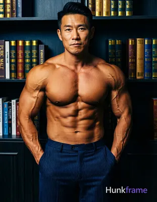 Asian man with tanned skin and short black hair styled back, clean-shaven face with neutral direct g