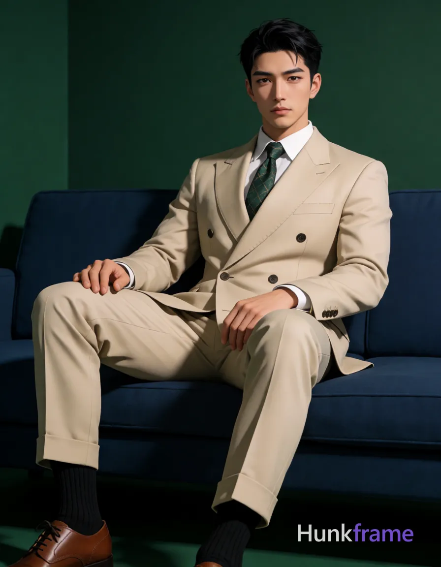 Asian man with short black hair and clean-shaven face rendered in polished anime 2.5D next-gen game art style sits on a dark blue sofa against deep green walls; He wears a double-breasted beige suit jacket, white dress shirt, dark green patterned necktie, matching beige trousers cuffed at ankles, black ribbed crew socks, and brown leather shoes; His left leg extends forward while the right knee angles inward; torso reclines slightly with relaxed shoulders; Soft directional lighting from front-left emphasizes facial features and fabric textures in a high-fashion editorial aesthetic; single clean uninterrupted artwork with a cohesive composition and plain continuous surrounding surfaces