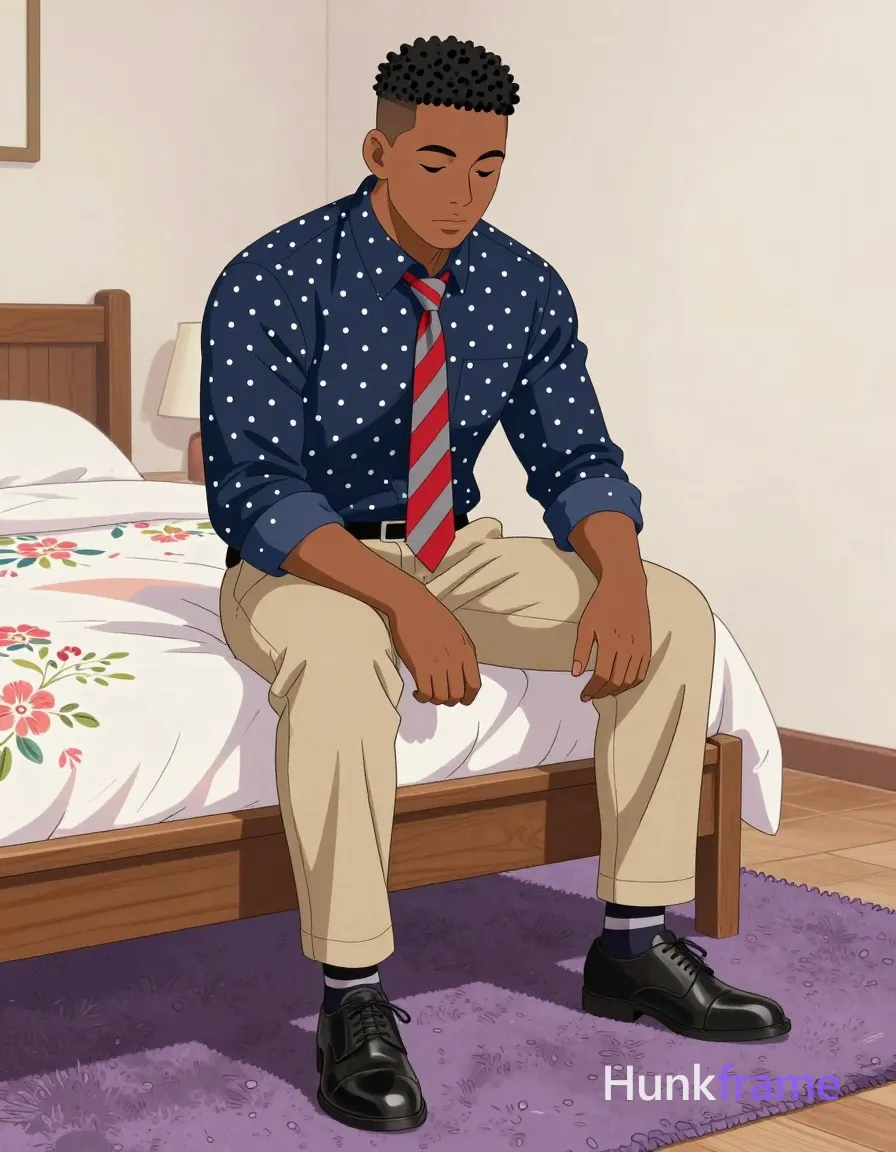 A polished anime-style illustration of a Black man with short black afro-textured hair and clean-shaven face seated on the edge of a wooden bed. He wears a navy blue button-down shirt with white polka dots fully worn, red and grey striped tie, beige chinos, black leather dress shoes, and striped black-and-white socks. His downcast eyes express neutrality while legs rest slightly apart on a purple shag rug in a bedroom interior featuring floral duvet accents., same aesthetic theme and photo feel as the reference but a different man in a different pose with distinct body proportions, Pacific Islander man, sun-kissed skin, stocky powerful legs, short curly hair, a single uninterrupted photograph only, no written words or typography anywhere in frame, no captions, no app UI, no social-media post layout, no screenshot borders