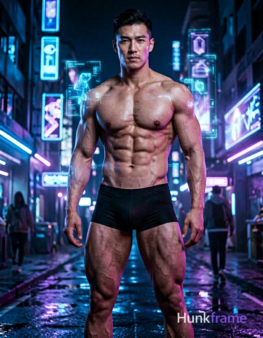 A handsome masculine man standing in a neon-lit cyberpunk cityscape with holographic aesthetics. The setting features vibrant blue and purple lights illuminating a dark background, creating a high-tech atmosphere. The man is shirtless, showcasing defined abs and thick muscular thighs, while the image maintains an artistic partial nude aesthetic. Full body composition with a 1:1 square aspect ratio on a 1024x1024 canvas