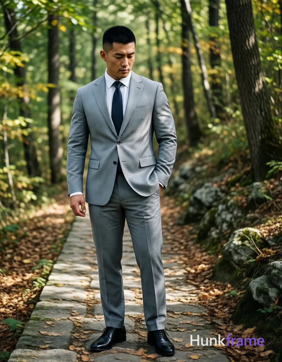 Photograph of exactly 1 adult man. Man 1: Asian, medium-light, oval with strong jawline, short black buzz cut, textured top, clean sides and back, clean-shaven smooth skin. Man 1 has fully exposed eyes, eyebrows, temples and nose bridge. Broad shoulders, thick thighs define the handsome Asian man's sculpted physique in this fine-art fashion editorial shot. He stands upright on a stone path with left hand in suit pocket while right arm relaxes at side looking down. Light gray tailored two-piece suit jacket, trousers pair with white dress shirt, dark solid tie, and black patent oxford shoes. Full-body vertical portrait crops head to shoes centering the subject against a forest background framing him on both sides. Outdoor autumn wooded trail features stone pathway surrounded by trees showing green yellow leaves scattered dry foliage on rocky terrain. Natural daylight filters through canopy creating dappled shadows across suit and face with soft directional light highlighting left side. Cinematic depth of field blurs background trees slightly to isolate subject in contemplative refined mood with cool gray black palette