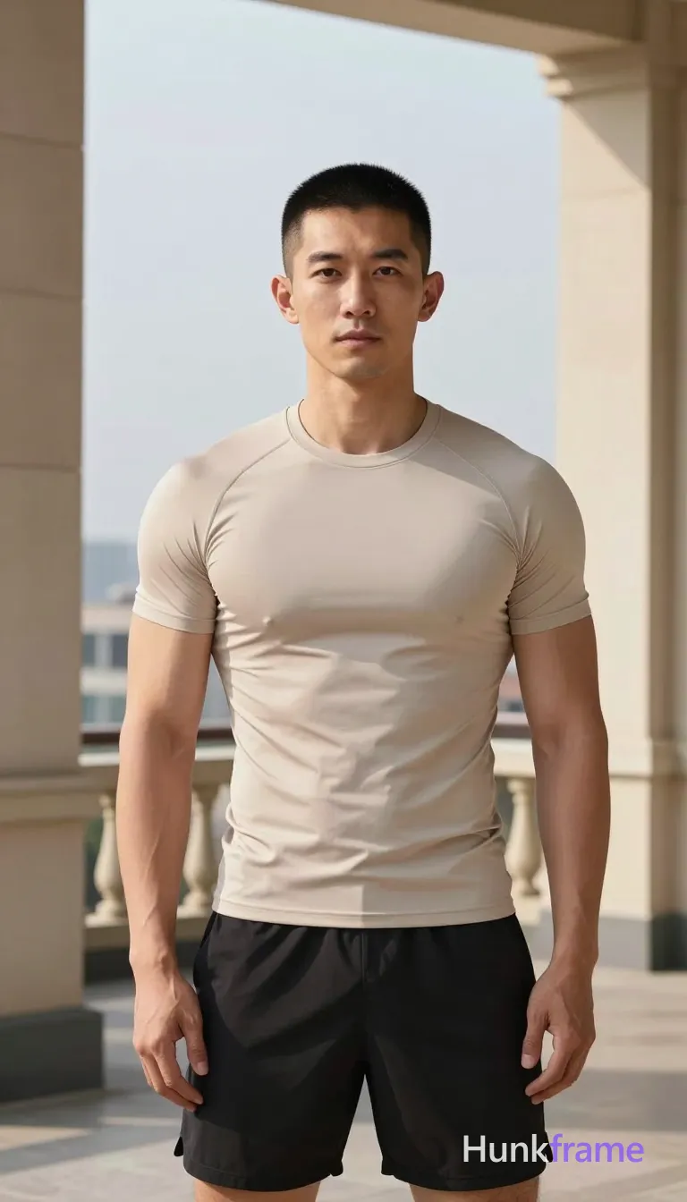 Photograph of exactly 1 adult man. Man 1: Asian, light to medium tan, square jawline with defined cheekbones, short black hair, straight texture, high forehead, clean-shaven head, clean-shaven. Man 1 has fully exposed eyes, eyebrows, temples and nose bridge. Broad shoulders with defined pectorals, visible abdominal definition. Standing upright on rooftop terrace hands resting lightly near waistband of shorts. Tight-fitting light beige compression t-shirt black athletic shorts mid-thigh length. Full body vertical portrait centered within architectural frame formed by stone pillars. Outdoor rooftop terrace under open sky with distant building visible to left side. Natural daylight from above creating soft shadows and warm ambient glow on pillars. Fine-art photography clean lines natural skin tones high contrast minimalist mood