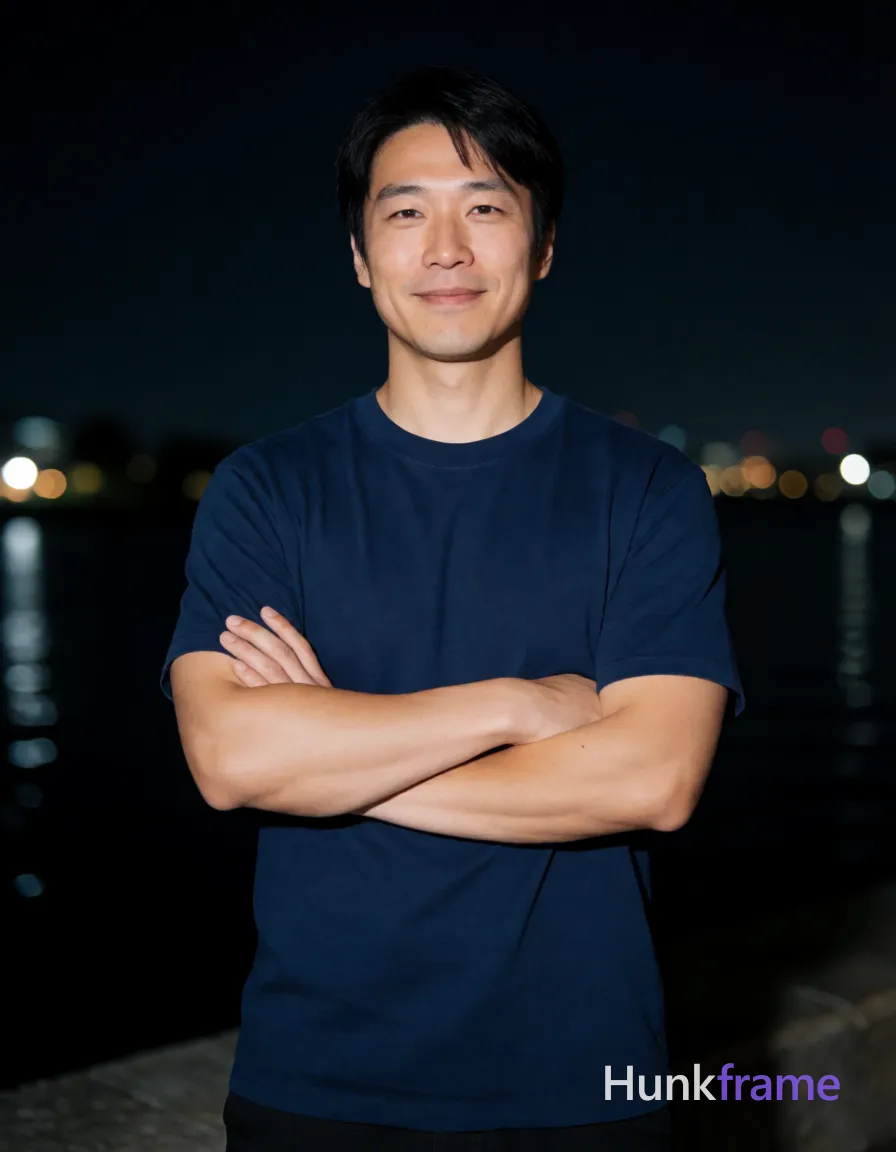 Asian man with short black hair and clean-shaven face stands confidently at a nighttime waterfront, arms crossed over chest in solid navy blue crew-neck t-shirt; Soft frontal fill light illuminates his broad shoulders and defined biceps against dark sky with distant water lights reflecting behind him; Slightly soft focus on background creates natural night photography aesthetic; Vertical portrait crop from head to mid-thighs captures relaxed smiling expression, same aesthetic theme and photo feel as the reference but a different man in a different pose with distinct body proportions, Japanese man, soft masculine features, straight black hair, slim dancer build; single clean uninterrupted photograph with a cohesive editorial composition and plain continuous surrounding surfaces