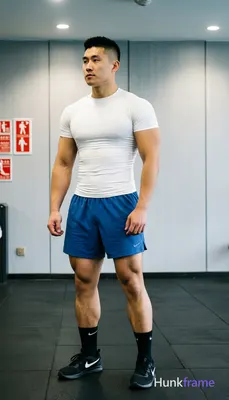 Asian man with short black buzz cut and high fade, clean-shaven face with neutral focused gaze stand