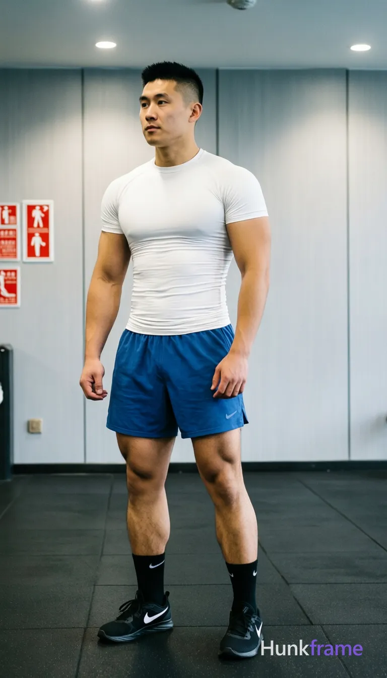 Asian man with short black buzz cut and high fade, clean-shaven face with neutral focused gaze standing upright slightly left; Wearing white fitted compression t-shirt covering torso completely, blue athletic shorts ending mid-thigh exposing thick thighs and calves, black crew socks with white Nike swoosh logo, black athletic sneakers; Indoor gym setting with light gray paneled walls, dark tiled flooring, fire safety signage on left wall; Overhead recessed lighting casting soft shadows, even ambient illumination with slight directional highlight from above-left; Full-body vertical shot head to mid-calf centered in frame; Clean composition naturalistic lighting documentary-style framing muscle bear aesthetic emphasizing broad shoulders and meaty chest within athletic build; FULL TEXT REPLACEMENT: remove every original source word, sentence, slogan, logo, and partial spelling from the text-bearing area, then replace it with only the wordmark, spelled exactly "hunkframe" on the sign in the composition; This is replacement; Preserve appropriate typography and scale; No other visible text, logo, caption, username, hashtag, comment, watermark, or UI chrome; single clean uninterrupted photograph with a cohesive editorial composition and plain continuous surrounding surfaces