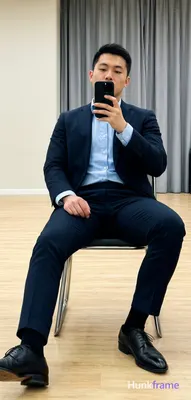 Seated on a chair with metal legs and black cushion, left leg extended forward, right knee bent and 