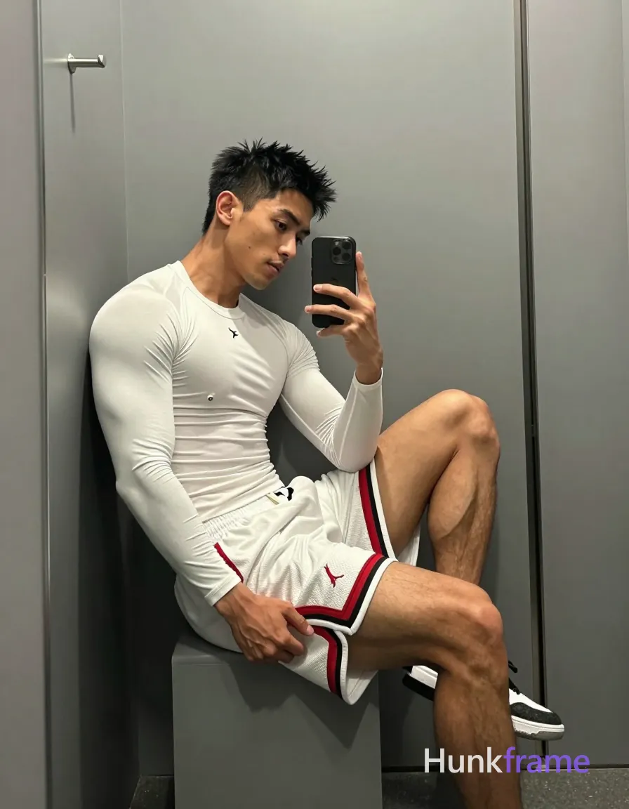 Asian man with light-medium skin and short black textured spiky hair, clean-shaven face in mirror selfie pose seated sideways against gray wall; He wears a white long-sleeve compression shirt with small chest logo and white basketball shorts featuring red/black Jumpman trim on thigh; Left knee raised flexing sole of shoe, right leg extended forward; torso leans slightly toward camera holding black smartphone in right hand; Full-body shot 13:19 portrait orientation capturing head to feet within narrow elevator or locker room space with metallic door frame visible; Soft ambient indoor lighting emphasizes defined lean muscle anatomy and athletic posture against minimalist gray backdrop for gym photography aesthetic, same aesthetic theme and photo feel as the reference but a different man in a different pose with distinct body proportions, South Asian man, medium brown skin, thick brows, gymnast lean muscle; single clean uninterrupted photograph with a cohesive editorial composition and plain continuous surrounding surfaces