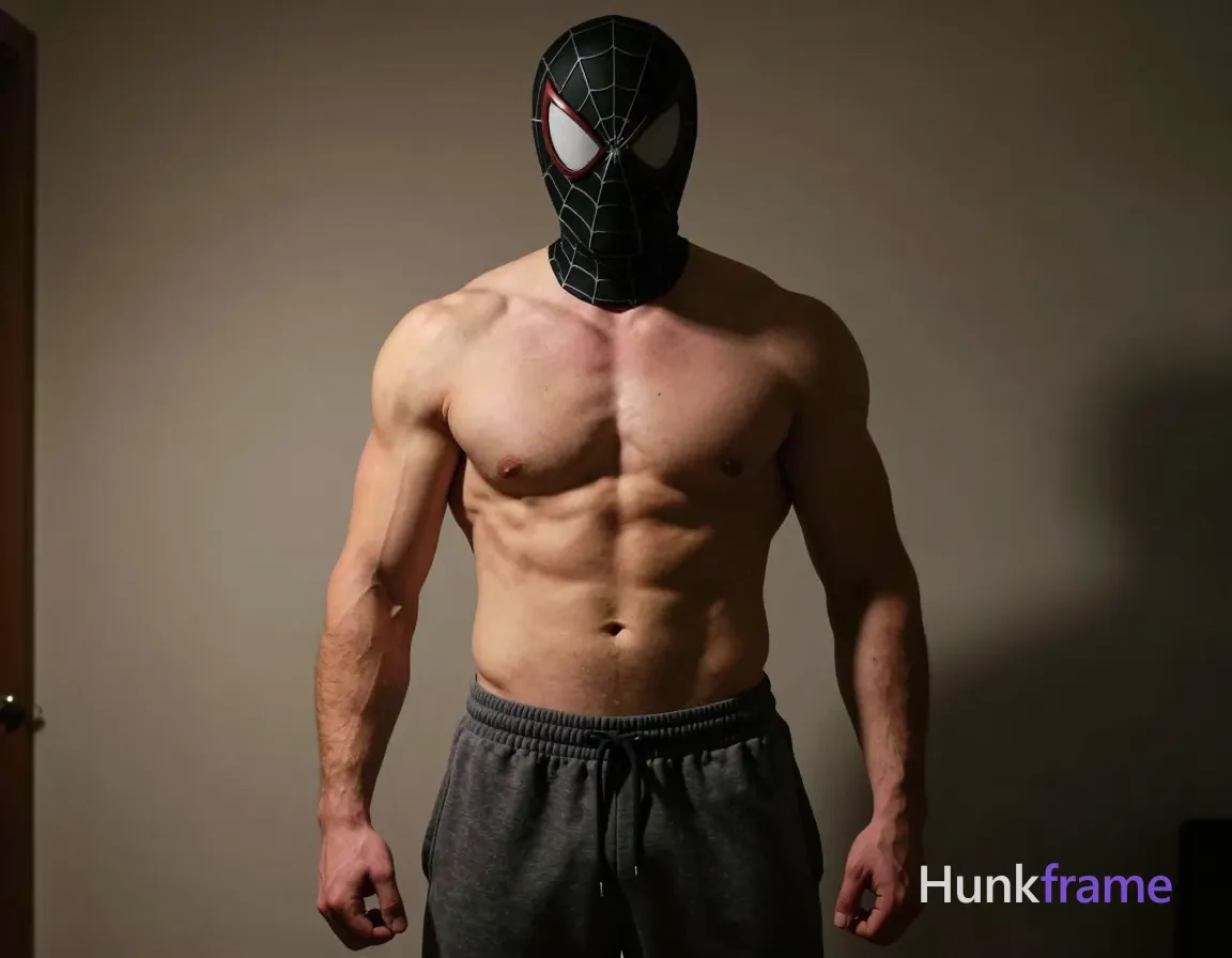 Shirtless adult man with broad shoulders and defined pectorals, standing upright facing camera with arms relaxed at sides, fists loosely clenched. Wearing a black Spider-Man-style mesh mask covering head and neck with white eye lenses, dark gray drawstring sweatpants waistband resting on hips. High-contrast chiaroscuro lighting from right side casting deep shadows on left torso against beige wall interior. Vertical portrait crop showing full torso to mid-thigh centered composition. Fine-art photography style emphasizing sculpted musculature including six-pack abs and thick forearms in moody atmosphere., same aesthetic theme and photo feel as the reference but a different man in a different pose with distinct body proportions, Slavic man, pale skin, ash blond stubble, tall athletic frame, a single uninterrupted photograph only, no written words or typography anywhere in frame, no captions, no app UI, no social-media post layout, no screenshot borders