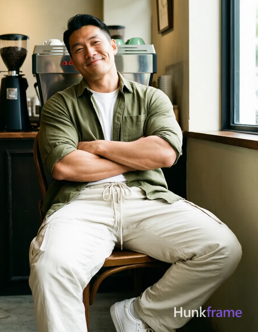 Asian man seated on wooden chair, arms crossed over chest with relaxed confident smile and slight head tilt; Wearing olive green button-down shirt open at collar revealing white crew-neck t-shirt neckline underneath; sleeves rolled to mid-forearm showing defined biceps and triceps under fabric; Off-white loose-fitting cargo pants with drawstring waistband partially obscuring thick thighs, paired with white low-top sneakers visible at bottom frame; Indoor cafe setting with espresso machine in background, natural daylight streaming from right window creating soft shadows on face; High-key lighting typical of lifestyle editorial photography, slight film-like warmth, vertical portrait composition capturing head to knees; single clean uninterrupted photograph with a cohesive editorial composition and plain continuous surrounding surfaces