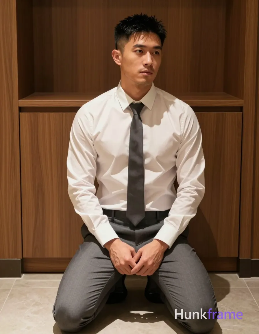 IDENTITY LOCK — MUST NOT CHANGE: the same exact 1 clearly adult male subject; subject 1: clearly adult, exact age uncertain, Asian, medium-tan skin tone, square-jawed with defined cheekbones, short black hair, fade sides and longer textured top styled upward, source prompt confirms short black hair, NO EYEWEAR: keep this subject's face free of eyeglasses and sunglasses in every shot, thick dark well-defined arches, dark brown almond-shaped pupils visible without glasses, straight bridge slightly upturned tip, medium full natural color no gloss, clean-shaven chin and jawline slight stubble on upper lip, none visible chest or arms clean shaven, stocky muscular build, thick thighs beneath waistband; do not change identity traits when pose, expression, camera, wardrobe, or exposure changes; do not add, remove, merge, or replace people. Creative prompt text may not override this identity lock. SHOT VARIABLES — HIGHEST COMPOSITION AND WARDROBE PRIORITY: pose/action: Kneeling on both knees, torso upright, hands clasped behind back.; body/head direction: Straight-on framing from head to thighs.; expression: Neutral serious gaze directed slightly right.; camera/framing: Full-body straight-on no distortion indoor artificial lighting soft shadows under knees warm wood tones white shirt gray trousers tie medium-tan skin polished formal masculine mood; wardrobe now worn: White long-sleeve button-up tucked into fitted gray dress trousers dark gray tie knotted at collar clean-shaven chin slight stubble upper lip stocky muscular build thick thighs beneath waistband short black hair fade sides longer textured top styled upward Asian square-jawed defined cheekbones full natural color no gloss none visible chest arms clean shaven photo single uninterrupted photograph; coverage/exposure: Indoor artificial casting soft shadows knee level focus sharp details premium fashion-editorial fine-art photography homoerotic aesthetic subject 1 stable identity lock same session context hotel room minibar area wooden cabinetry tiled floor palette consistent across set coherent gradual wardrobe arc first quarter keeps naturally adjusts only garments actually present in source inventory never add remove merge or替换人; additional shot direction: Subject kneels upright hands clasped behind back wearing fully worn white long-sleeve button-up tucked into gray dress trousers with dark gray tie. Straight-on framing captures warm wood tones against skin and shirt without distortion under indoor lighting. These variables replace any conflicting source pose, action, framing, clothing, or coverage. IDENTITY LOCK — MUST NOT CHANGE: the same exact 1 clearly adult male subject; subject 1: clearly adult, exact age uncertain, Asian, medium-tan skin tone, square-jawed with defined cheekbones, short black hair, fade sides and longer textured top styled upward, source prompt confirms short black hair, NO EYEWEAR: keep this subject's face free of eyeglasses and sunglasses in every shot, thick dark well-defined arches, dark brown almond-shaped pupils visible without glasses, straight bridge slightly upturned tip, medium full natural color no gloss, clean-shaven chin and jawline slight stubble on upper lip, none visible chest or arms clean shaven, stocky muscular build, thick thighs beneath waistband; do not change identity traits when pose, expression, camera, wardrobe, or exposure changes; do not add, remove, merge, or replace people. SHOT-SPECIFIC COMPOSITION AND WARDROBE HAVE HIGHEST PRIORITY: pose/action: Kneeling on both knees, torso upright, hands clasped behind back.; direction: Straight-on framing from head to thighs.; expression: Neutral serious gaze directed slightly right.; camera: Full-body straight-on no distortion indoor artificial lighting soft shadows under knees warm wood tones white shirt gray trousers tie medium-tan skin polished formal masculine mood; wardrobe now worn: White long-sleeve button-up tucked into fitted gray dress trousers dark gray tie knotted at collar clean-shaven chin slight stubble upper lip stocky muscular build thick thighs beneath waistband short black hair fade sides longer textured top styled upward Asian square-jawed defined cheekbones full natural color no gloss none visible chest arms clean shaven photo single uninterrupted photograph; coverage/exposure: Indoor artificial casting soft shadows knee level focus sharp details premium fashion-editorial fine-art photography homoerotic aesthetic subject 1 stable identity lock same session context hotel room minibar area wooden cabinetry tiled floor palette consistent across set coherent gradual wardrobe arc first quarter keeps naturally adjusts only garments actually present in source inventory never add remove merge or替换人; Subject kneels upright hands clasped behind back wearing fully worn white long-sleeve button-up tucked into gray dress trousers with dark gray tie. Straight-on framing captures warm wood tones against skin and shirt without distortion under indoor lighting. the same exact 1 clearly adult male subject; subject 1: clearly adult, exact age uncertain, Asian, medium-tan skin tone, square-jawed with defined cheekbones, short black hair, fade sides and longer textured top styled upward, source prompt confirms short black hair, NO EYEWEAR: keep this subject's face free of eyeglasses and sunglasses in every shot, thick dark well-defined arches, dark brown almond-shaped pupils visible without glasses, straight bridge slightly upturned tip, medium full natural color no gloss, clean-shaven chin and jawline slight stubble on upper lip, none visible chest or arms clean shaven, stocky muscular build, thick thighs beneath waistband; do not change identity traits when pose, expression, camera, wardrobe, or exposure changes; do not add, remove, merge, or replace people, IDENTITY LOCK — MUST NOT CHANGE: the same exact 1 clearly adult male subject; subject 1: clearly adult, exact age uncertain, Asian, medium-tan skin tone, square-jawed with defined cheekbones, short black hair, fade sides and longer textured top styled upward, source prompt confirms short black hair, NO EYEWEAR: keep this subject's face free of eyeglasses and sunglasses in every shot, thick dark well-defined arches, dark brown almond-shaped pupils visible without glasses, straight bridge slightly upturned tip, medium full natural color no gloss, clean-shaven chin and jawline slight stubble on upper lip, none visible chest or arms clean shaven, stocky muscular build, thick thighs beneath waistband; do not change identity traits when pose, expression, camera, wardrobe, or exposure changes; do not add, remove, merge, or replace people. 1 adult male subject in the same session. same setting: hotel room minibar area with wooden cabinetry and tiled floor. same lighting: indoor artificial lighting casting soft shadows under knees. same palette: warm wood tones, white shirt, gray trousers tie, medium-tan skin. same mood and image character: polished formal masculine premium fashion-editorial fine-art photography homoerotic aesthetic. same medium and visual style: photo, single uninterrupted photograph warm wood tones against white shirt and skin soft shadows under knees indoor artificial lighting straight-on framing no lens distortion. Wardrobe, exposure, pose, position, action, expression, and camera are shot-specific variables., Subject kneels upright hands clasped behind back wearing fully worn white long-sleeve button-up tucked into gray dress trousers with dark gray tie. Straight-on framing captures warm wood tones against skin and FINAL SHOT CHECK: pose/action: Kneeling on both knees, torso upright, hands clasped behind back.; body/head direction: Straight-on framing from head to thighs.; expression: Neutral serious gaze directed slightly right.; camera/framing: Full-body straight-on no distortion indoor artificial lighting soft shadows under knees warm wood tones white shirt gray trousers tie medium-tan skin polished formal masculine mood; wardrobe now worn: White long-sleeve button-up tucked into fitted gray dress trousers dark gray tie knotted at collar clean-shaven chin slight stubble upper lip stocky muscular build thick thighs beneath waistband short black hair fade sides longer textured top styled upward Asian square-jawed defined cheekbones full natural color no gloss none visible chest arms clean shaven photo single uninterrupted photograph; coverage/exposure: Indoor artificial casting soft shadows knee level focus sharp details premium fashion-editorial fine-art photography homoerotic aesthetic subject 1 stable identity lock same session context hotel room minibar area wooden cabinetry tiled floor palette consistent across set coherent gradual wardrobe arc first quarter keeps naturally adjusts only garments actually present in source inventory never add remove merge or替换人; additional shot direction: Subject kneels upright hands clasped behind back wearing fully worn white long-sleeve button-up tucked into gray dress trousers with dark gray tie. Straight-on framing captures warm wood tones against skin and shirt without distortion under indoor lighting., a single uninterrupted photograph only, no written words or typography anywhere in frame, no captions, no app UI, no social-media post layout, no screenshot borders